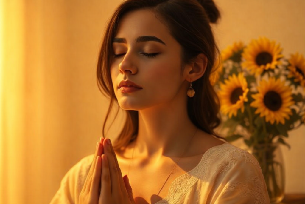 mujer meditando con flores de sol