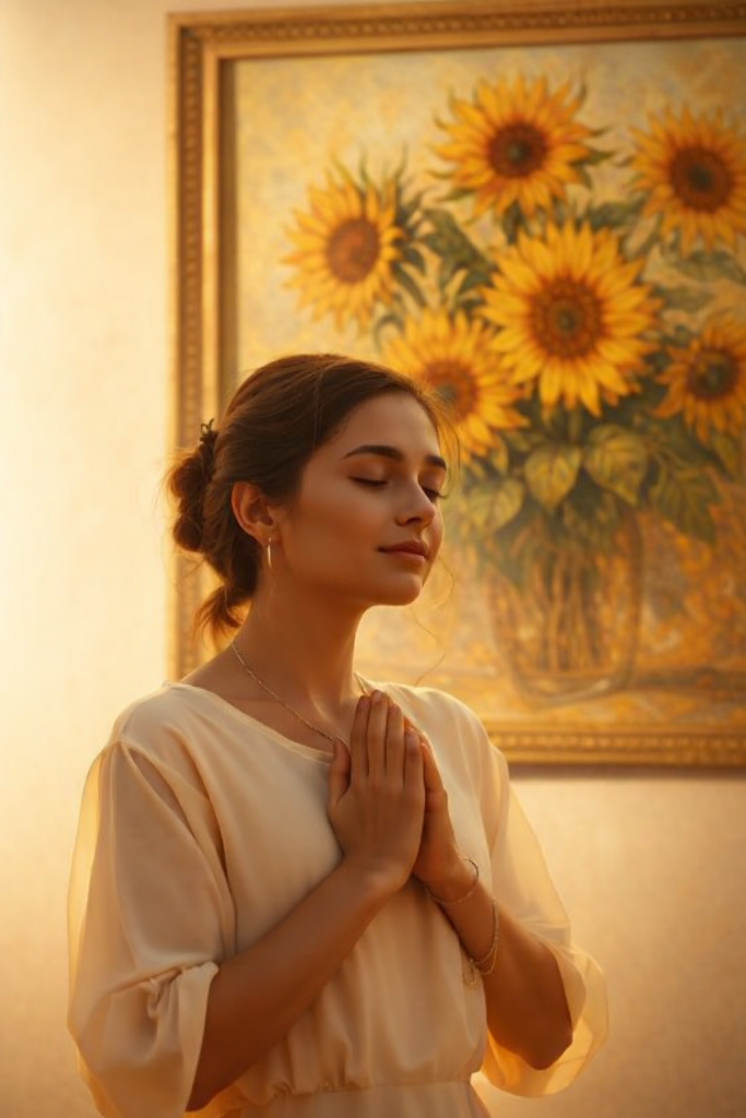 mujer meditando junto a girasoles