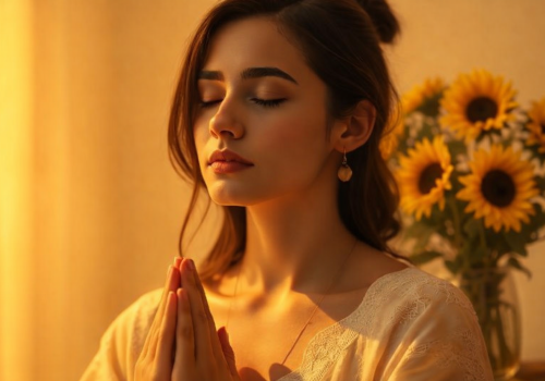 mujer meditando con flores de sol